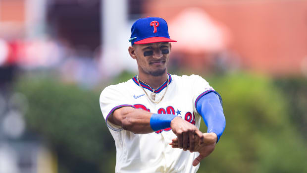 Jul 15, 2023; Philadelphia, Pennsylvania, USA; Philadelphia Phillies outfielder Johan Rojas (18) in a game against the San Diego Padres at Citizens Bank Park. Mandatory Credit: Bill Streicher-USA TODAY Sports